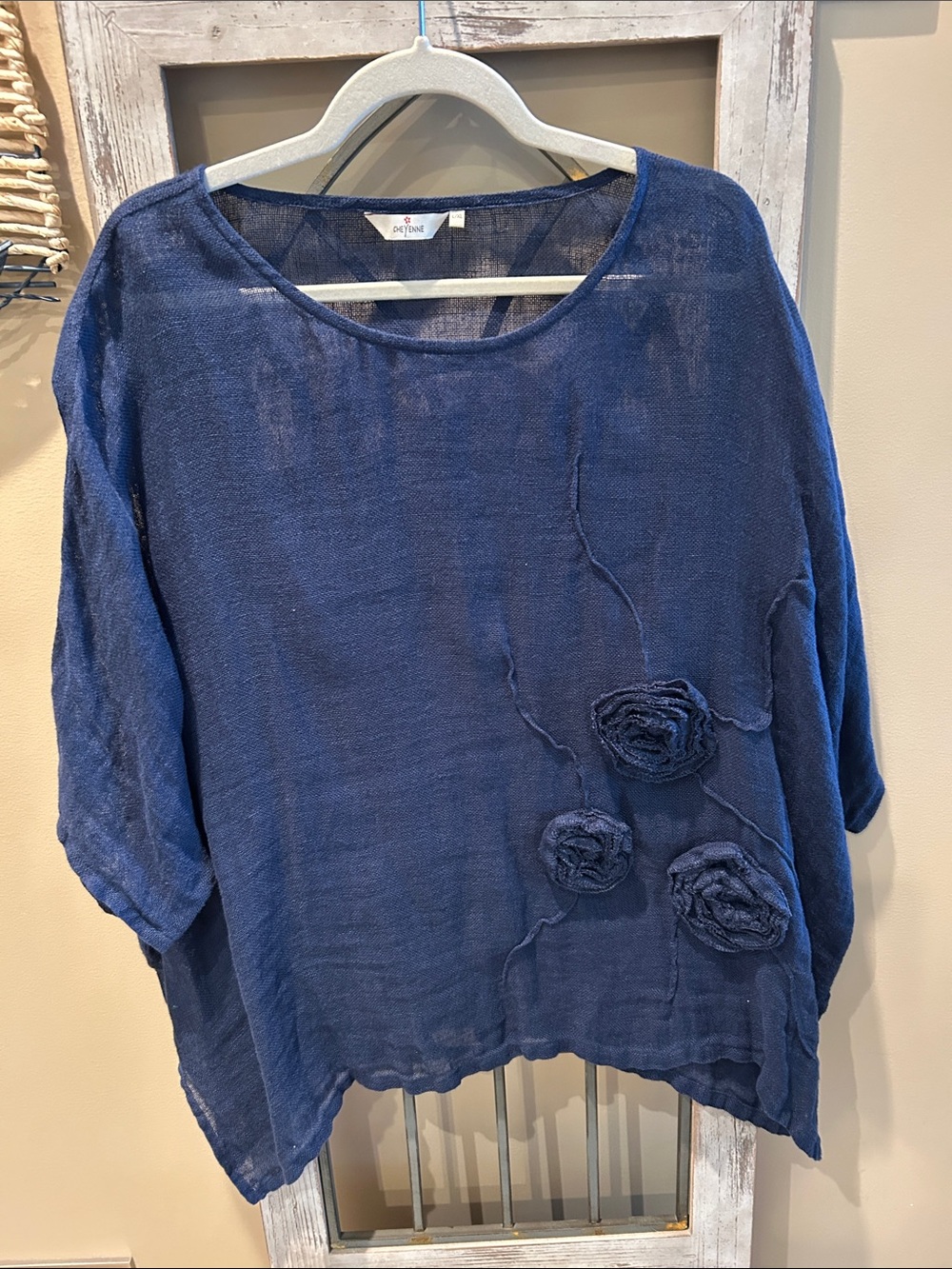 Women's Navy Linen Floral-Appliqué Tunic